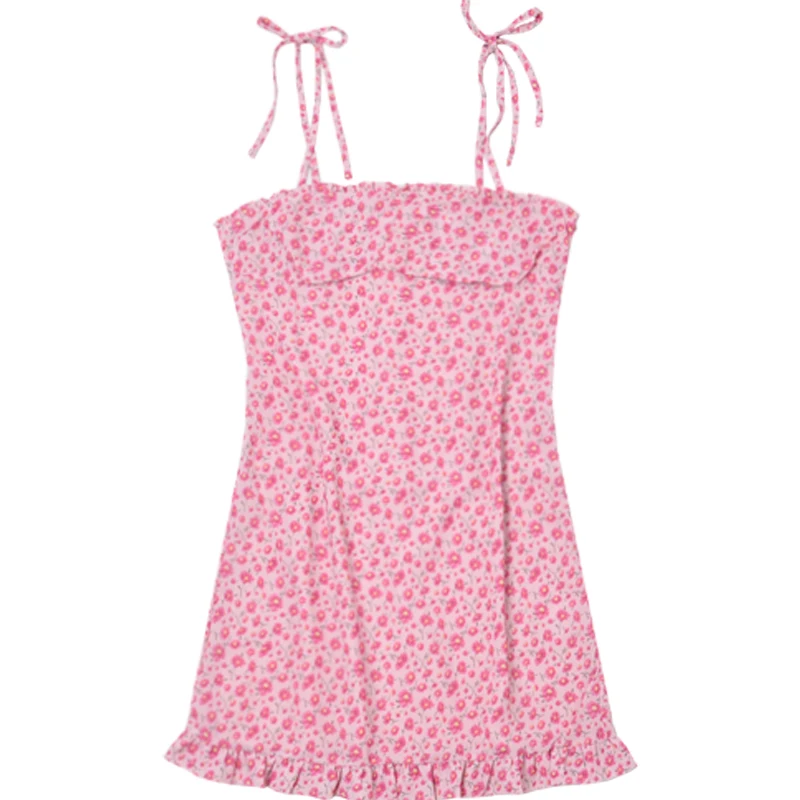 

Cotton Ins Small Floral Strap Dress Outdoor Picnic Street Shooting Wooden Ear Sweet Spaghetti-Strap Short Skirt Printed Dress