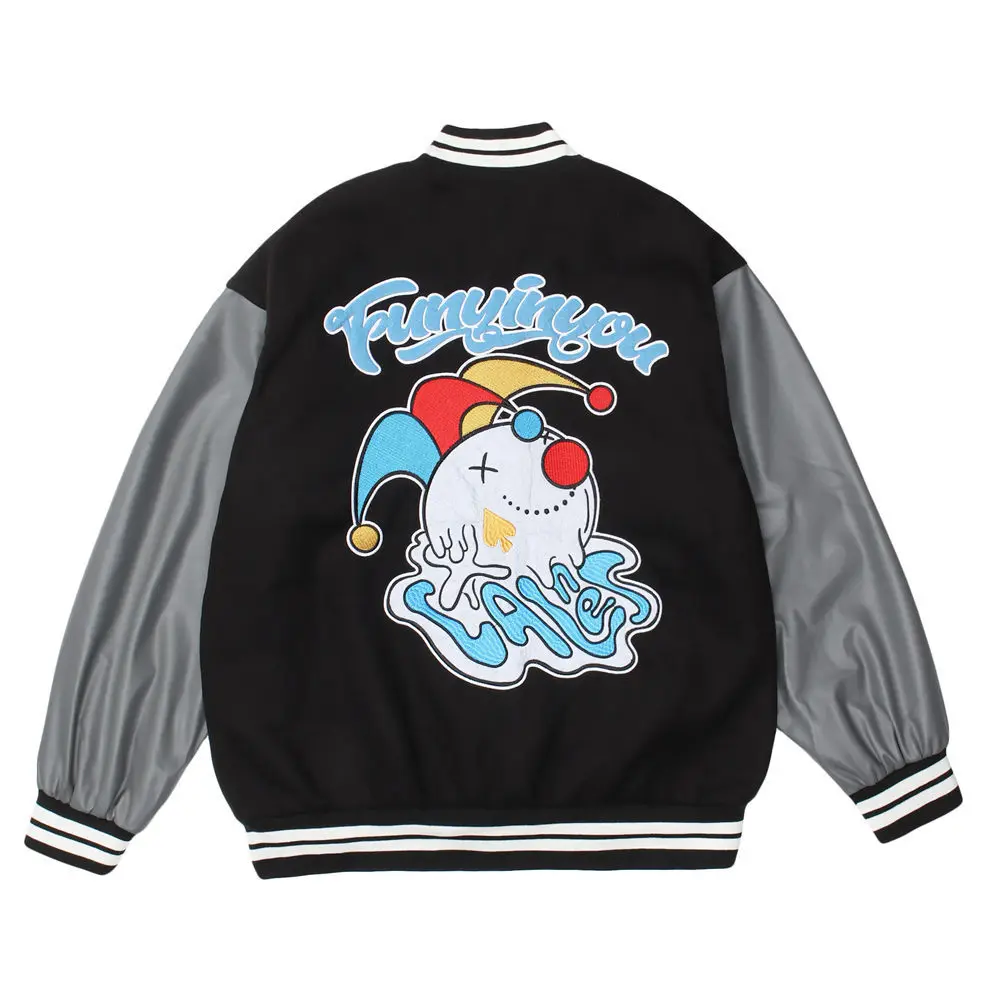 

Cartoon embroidery contrast color Baseball Jacket men's street fashion brand loose stand collar leather sleeve patchwork jacket