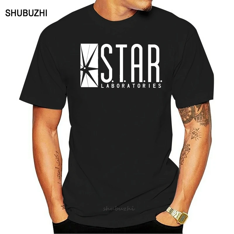 Бренд shubuzhi хлопковые мужские футболки вспышки Star Laboratories S.T.A.R Labs Логотип футболка