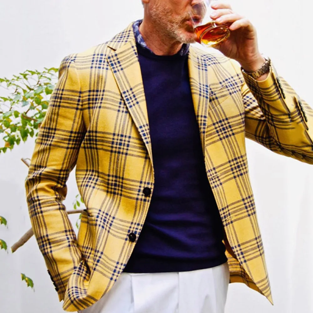 

2022 Latest style yellow Plaid formal wedding suits men coat groom slim fit party busines casual male classic Blazer only jacket