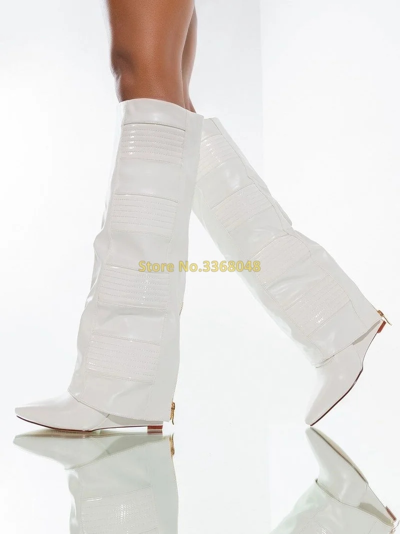 

Wedge Boot White Textured Panels Pointed Toe Wedged heel Back Zipper Knee High Leather Fashion Women Boots Luxury Brand Designer