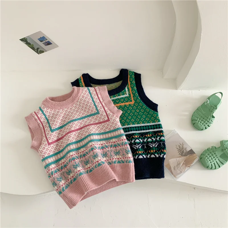 

Korean style Unisex Kids Fashion Knit Vest Spring Autumn 2022 Boys Girls Retro Sleeveless Outerwear Waistcoats