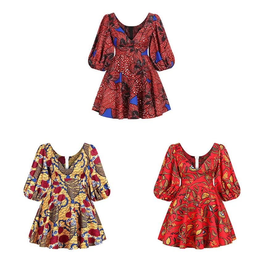 Lantern Sleeve African Clothes 2021 News Dashiki Print V-Neck Sexy Fashion Dress Plus Size Clothing Dresses for Women | Традиционная