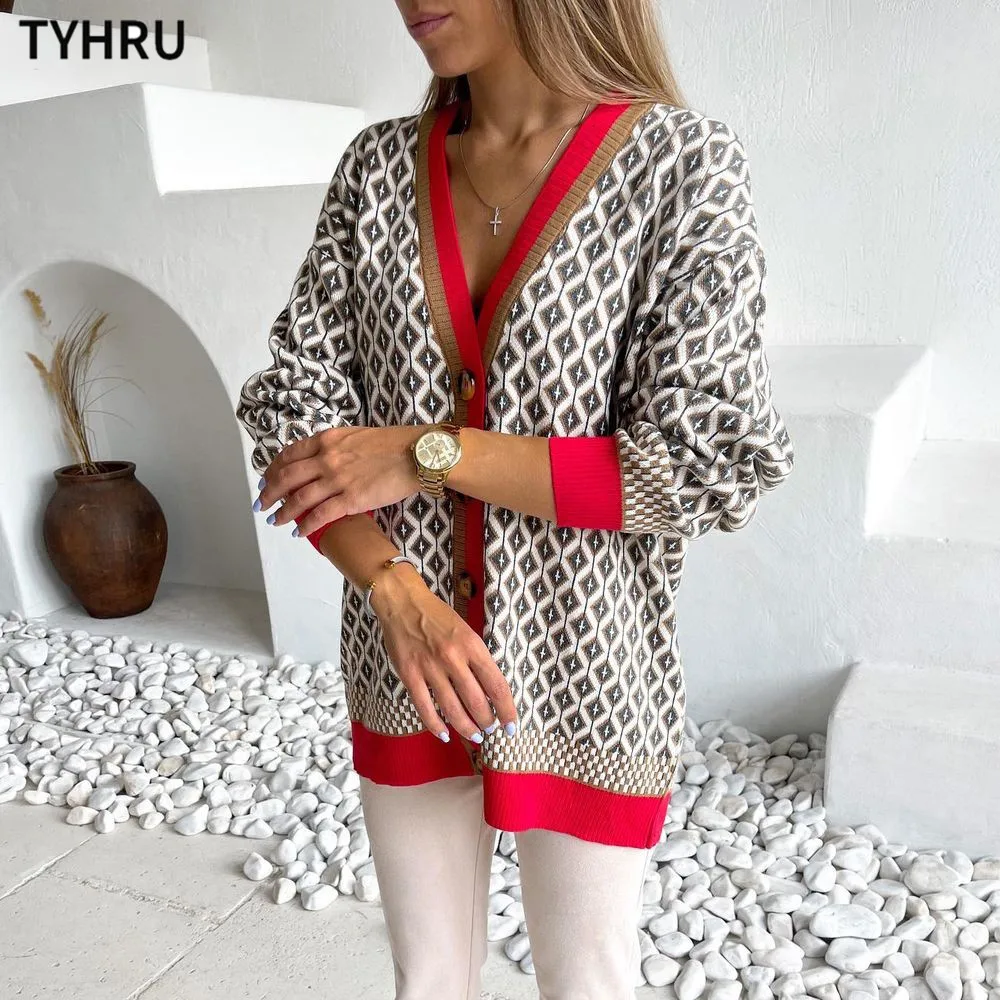 

TYHRU Women's Knitting Sweater Color Matching Diamond Lattice Single-Breasted Buttons Loose Casual Knitted Cardigan Sweaters