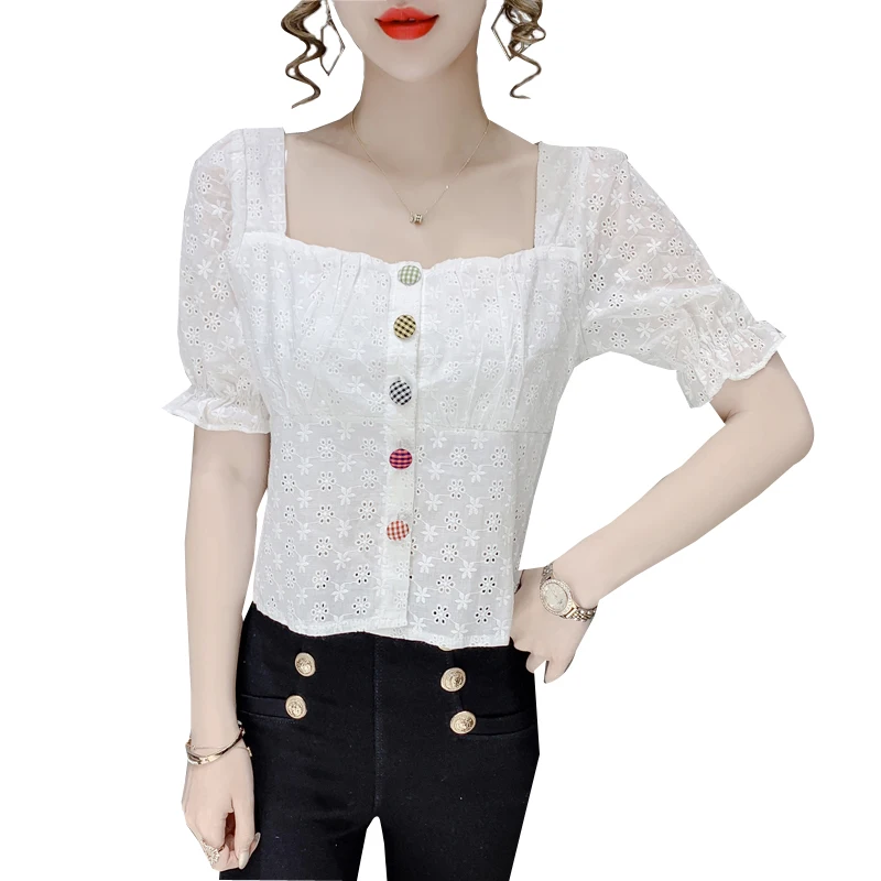 

Square Collar Puff Sleeve Shirt for Women 2021summer New Temperament Korean Style Design Short-Sleeved Shirt Top