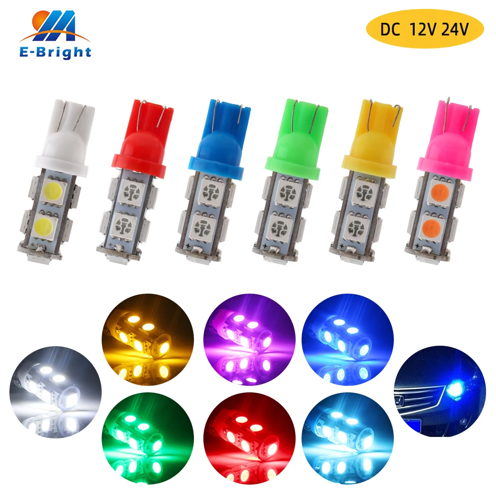 

4pcs DC 12V 24V W5W 194 T10 5050 9 SMD LED Bulbs Truck Car Door License Plate Clearance Lights White Blue Red Green Amber Pink