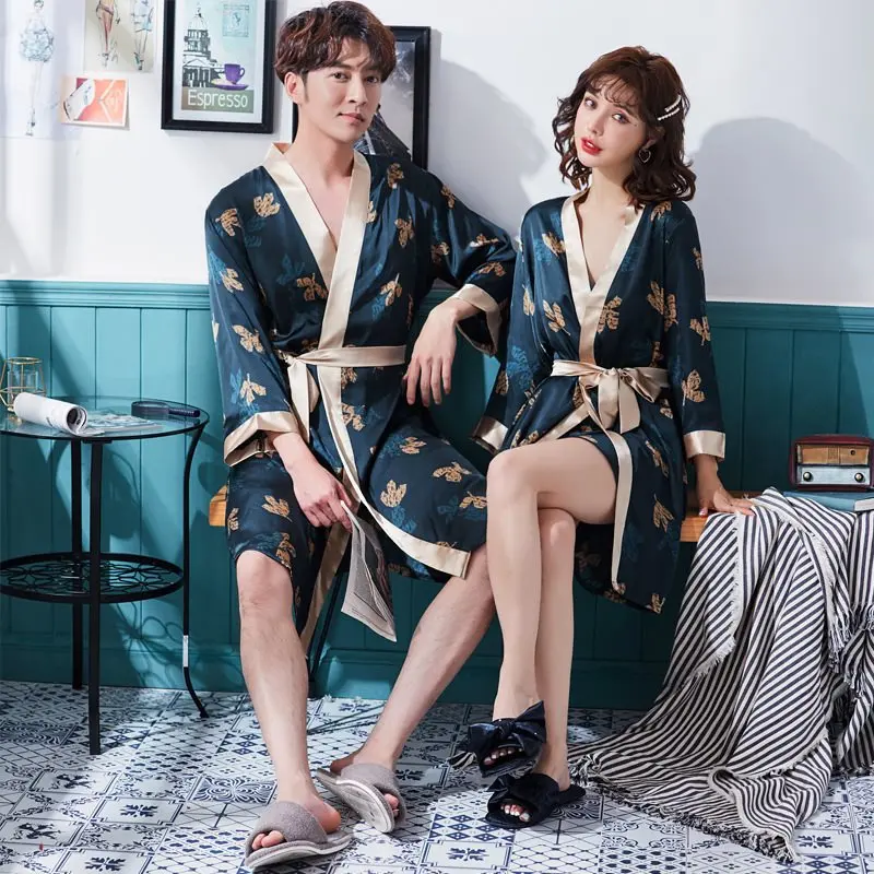 

Satin Silk Summer Kimono Lover Honeymoon Robe Men Women Bathrobe Home Robes Soft Peignoir Homme Badjas Sleep Lounge Sleepwear