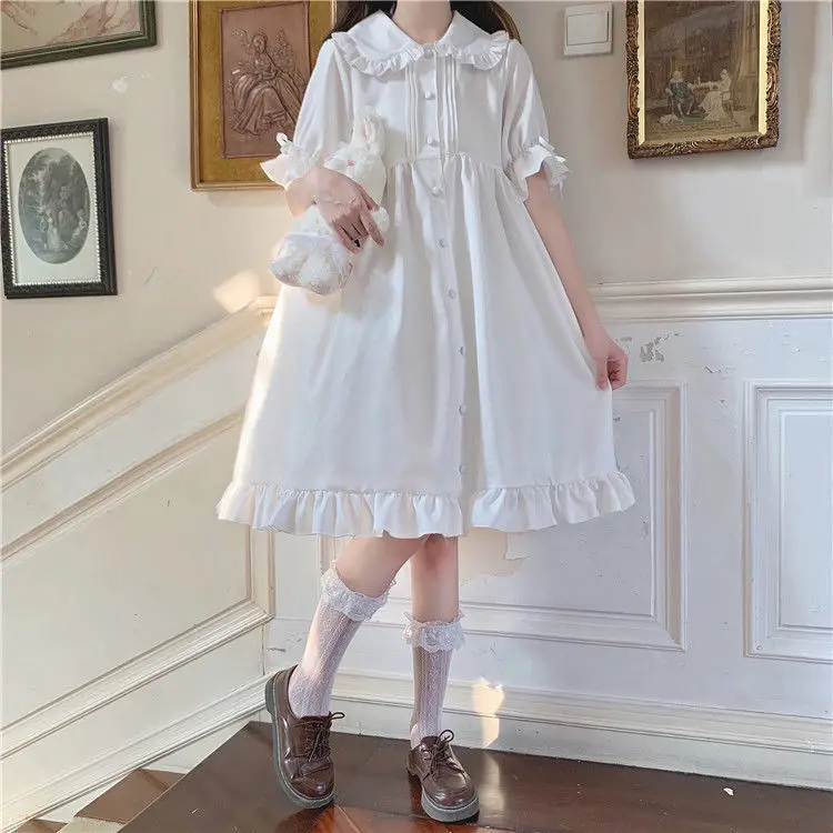 

Lolita Dress Women Peter Pan Collar Summer Chiffon Japanese Midi Dress Fashion Clothes Ruffle Button Sweet Girl Fairy Dresses