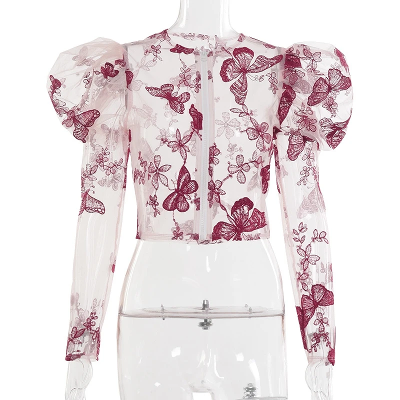 Куртка бомбер женская с вышивкой бабочки короткий пиджак из прозрачной сетки