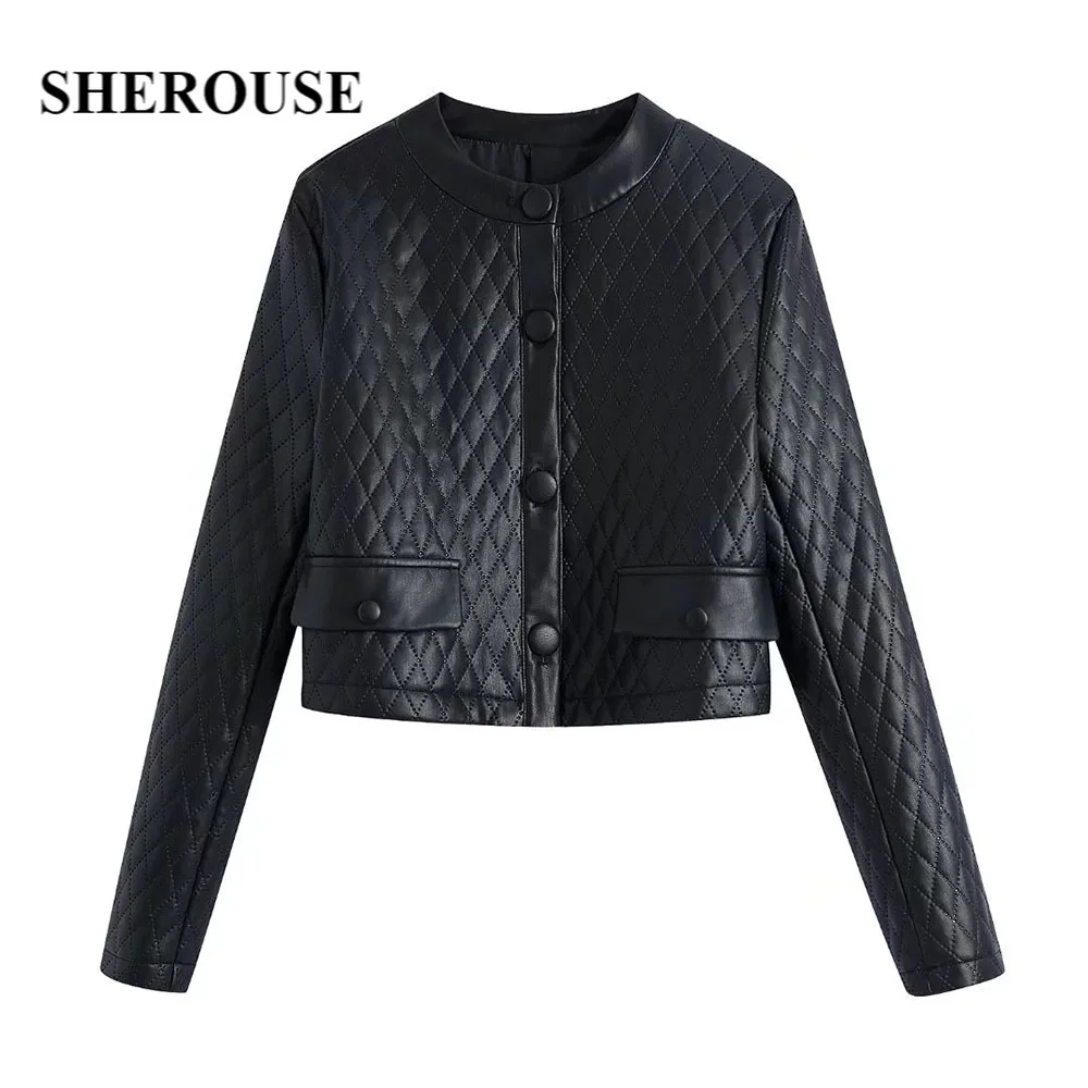 

Sherouse Women Fashion Faux Leather Blazer Coat Long Sleeves Round Neck Casual Chic Lady Suit Woman PU Jacket Suit veste femme