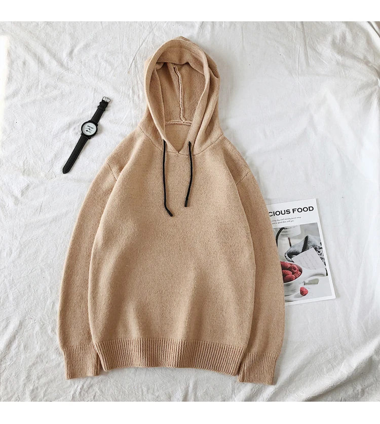 Winter Hooded Sweater Men's Warm Fashion Solid Color Casual Knit Pullover Men Wild Knitting Sweaters Male Sweter Clothes M-2XL