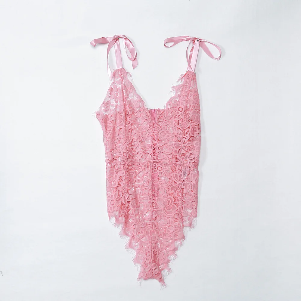 

Foreign trade women's sexy lingerie lace stitching mesh deep V perspective outfit jumpsuit 3113 spot