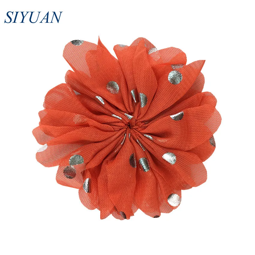 10 шт./лот 8 см Серебряный горошек Шифоновый Цветок с зажимом для волос плоской