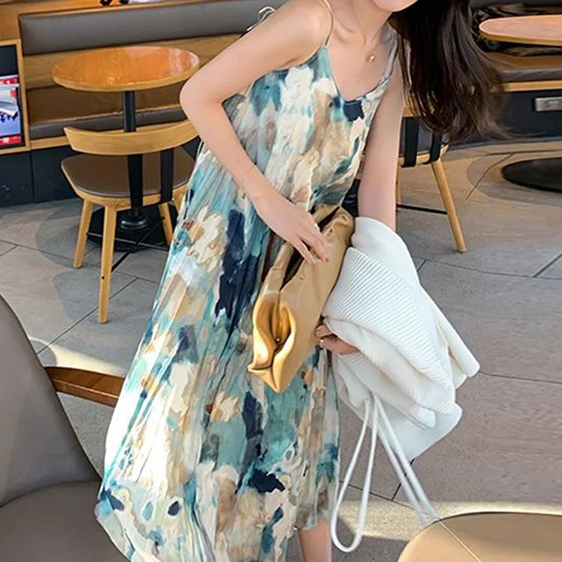 

2021 Summer Vingate Elegant Dress Women Casual Sleeveless Satin Camisole Dress Female Floral Design Beach One Piece Dress Korean