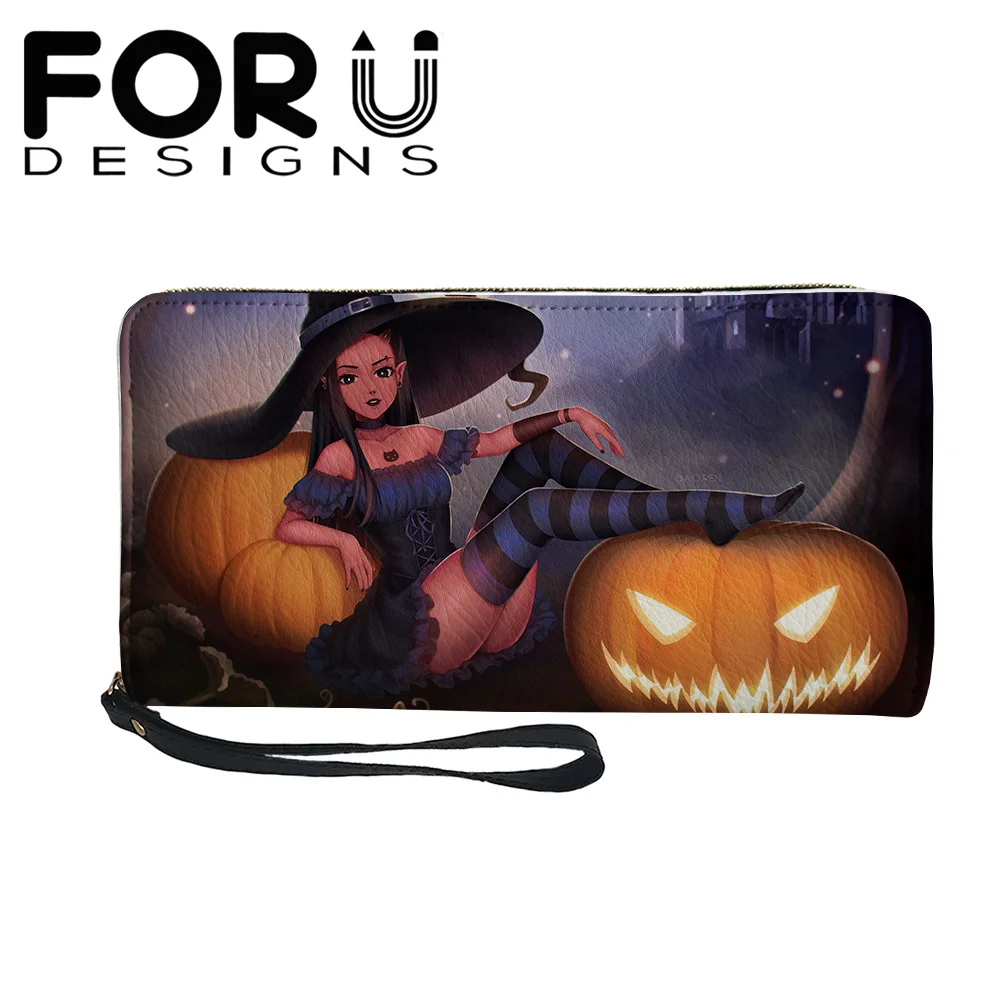 

FORUDESIGNS Leather Wallet Women Casual Brand Halloween Witch Pumpkin Print Women's Purse Long Zipper Card Holder Ladies Wallets