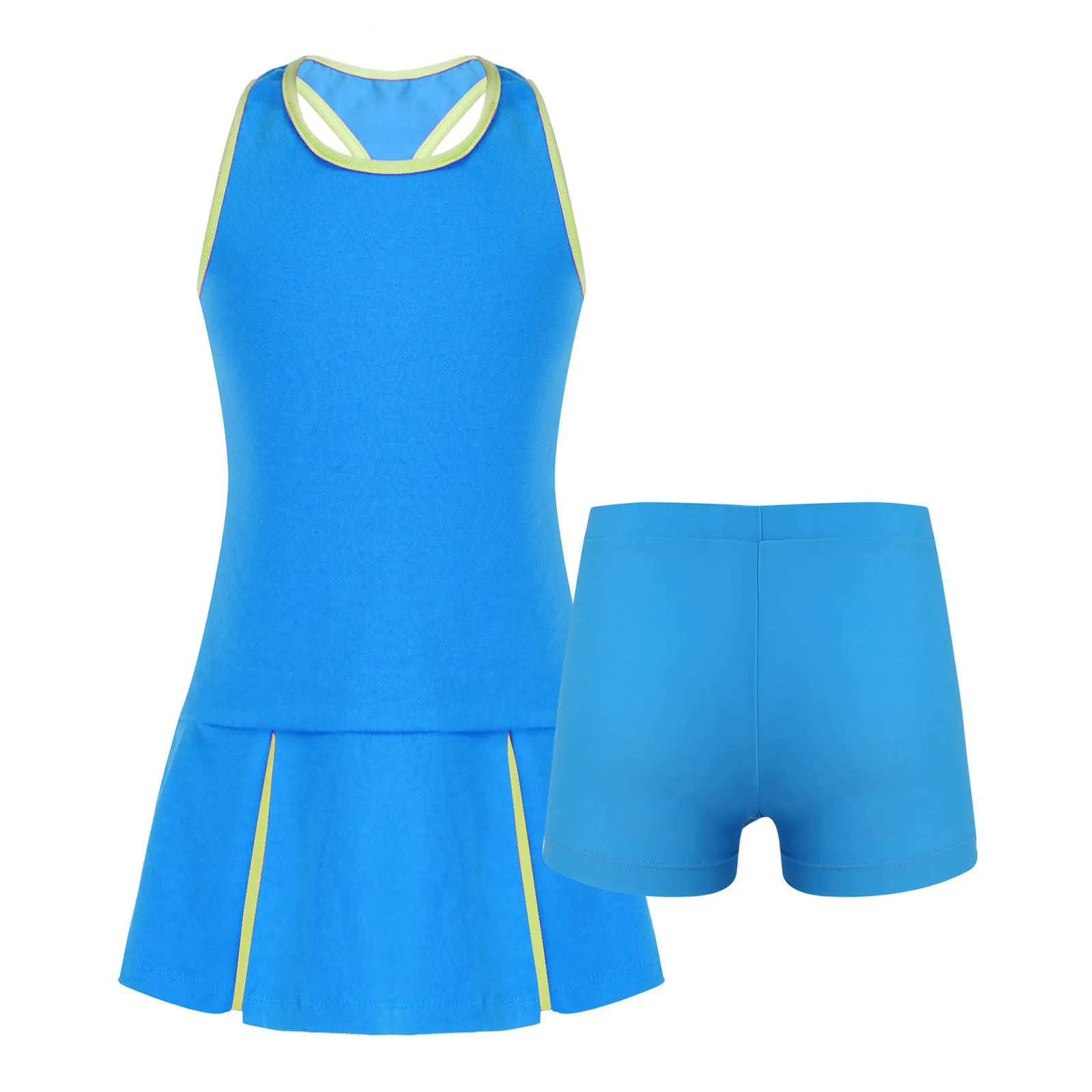 TiaoBug 2Pcs Kids Girls Summer Sport Suit Round Neck Sleeveless Dress And Shorts Set Sportswear For Running Gym Tennis Badminton