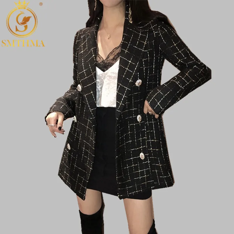 

Черная/белая клетчатая твидовая куртка, Двухрядное длинное пальто на пуговицах со стразами 2021, осенне-зимнее женское пальто, блестящая женс...