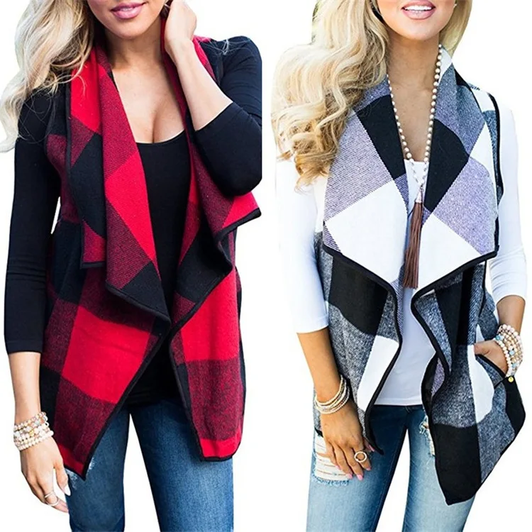 

Autumn Office Ladies Vest Sleeveless Turn Down Neck Open Front Jacket Check Plaid Cardigan Spliced Casual Women Long Waistcoat