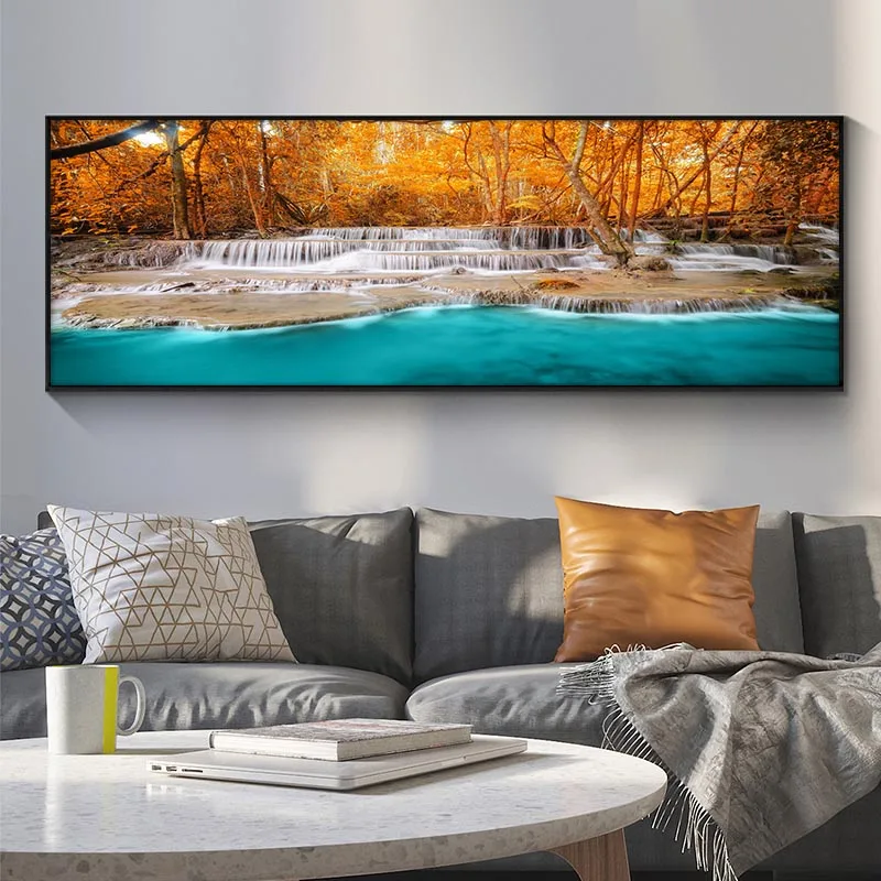 

Sunset Natural Waterfall Canvas Painting Landscape Tree Leaves Posters and Prints Wall Pictures Living Room Home Decor No Frame