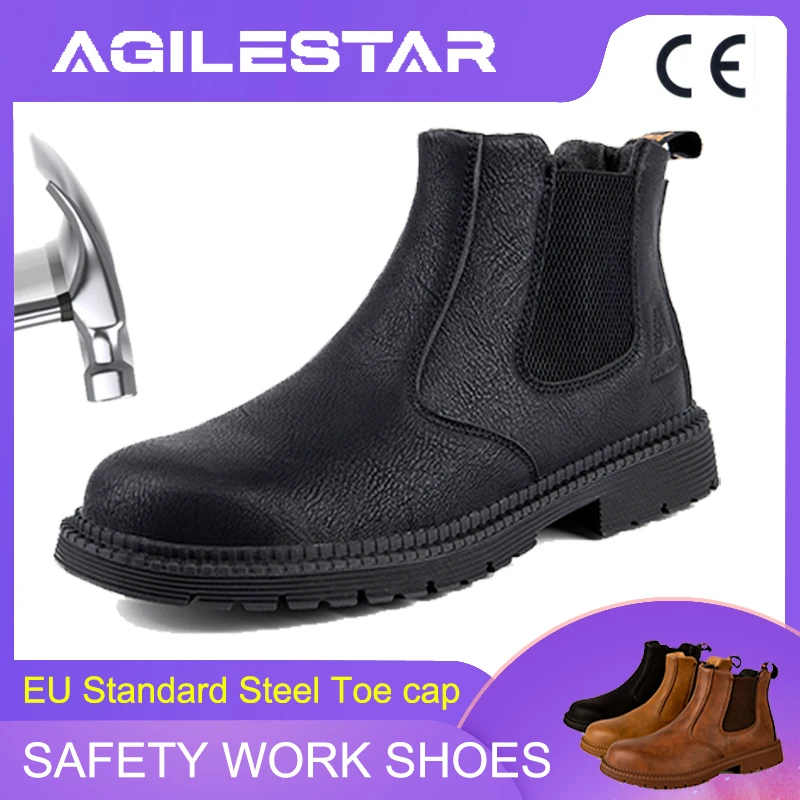 

Men Women Steel Toe Cap Safety Shoes Working Boots Leather Waterproof Chelsea Slip On Ankle Boots Male Casual Shoes Martin Boots