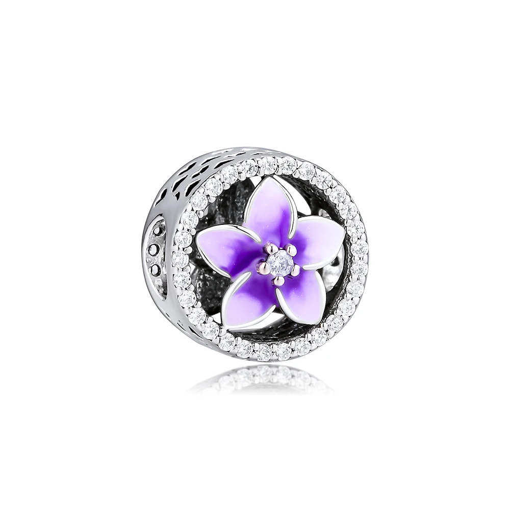 

Fandola CKK 925 Sterling-Silver-Jewelry Pale Purple Floral Charm Openwork Hearts Fits for Original Flower Charms Bracelets