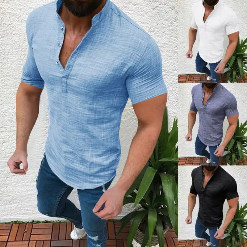 

Men's V-neck Flax Standing Collar Short Sleeve T Shirt Button Solid Fashion Clothes Summer Handsome Loose Tops Shirts