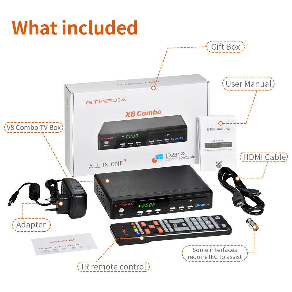 

GTMEDIA X8 Combo Satellite Receiver Digital Decoder Support DVB-S/S2/S2X+T/T2/Cable/J.83B 1080P Full HD receptor Built In Wifi