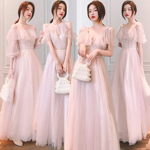 Bridesmaids Dress Illusion Off The Shoulder O-Neck Beading Sequined A-Line Vintage Lace Tulle Pink Women Wedding Party Gown E186 Bridesmaids Dress Illusion Off The Shoulder O-Neck Beading Sequined A-Line Vintage Lace Tulle Pink Women Wedding Party Gown E186