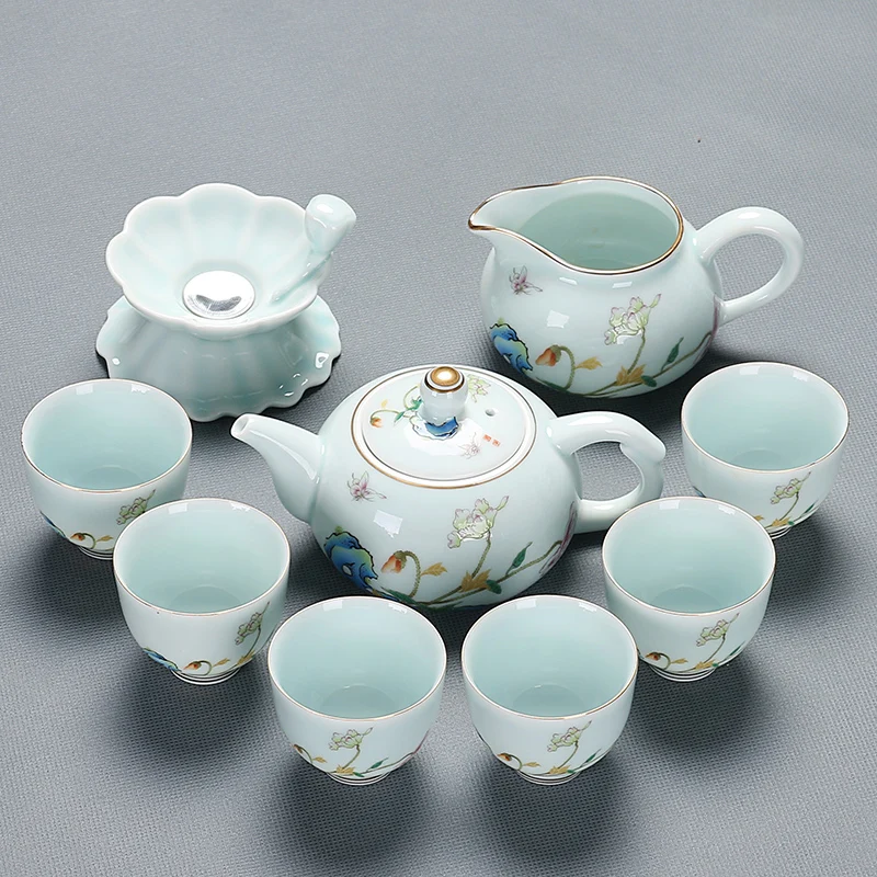 

Kungfu Tea Sets Art Cover Bowl Tea Ceremony Modern Tablewares Full Golden Painted Ceramic Sets Bardak Seti Tea Service EI80TS