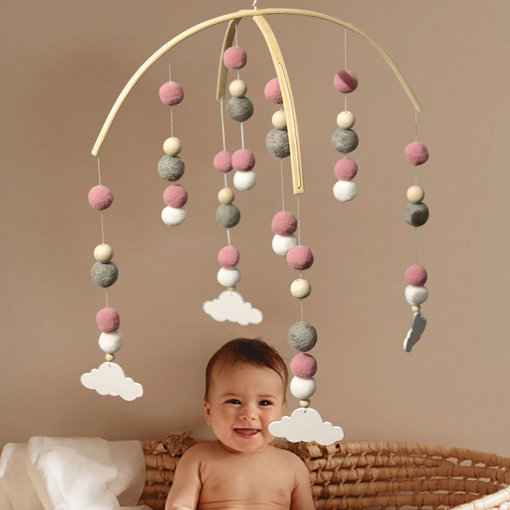

INS Nordic Wooden Beads Wind Chimes with Wool Balls Newborn Baby Bed Hanging Wind Bell Crib Tent Kids Room Decorations Ornaments