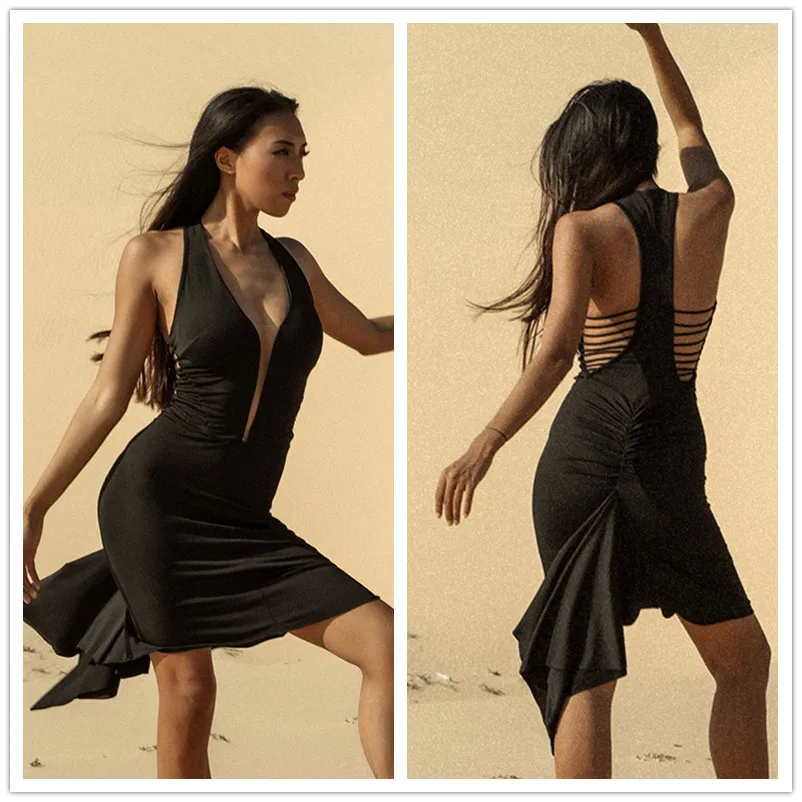 

professional Latin dance dress women tango dress salsa costumes sexy pole dance costume special design with breast pad black