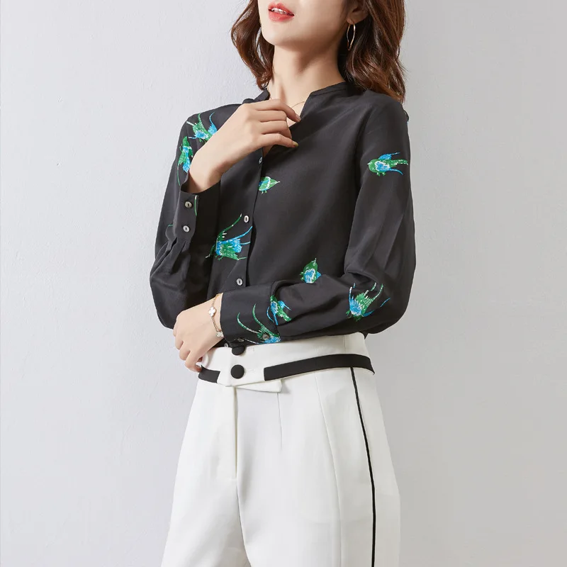 Женские рубашки из натурального шелка с длинным рукавом и V образным вырезом