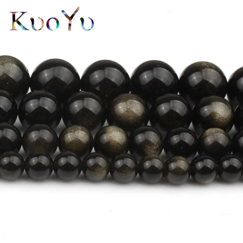 Натурального золото Обсидиан камень Круглый Свободные Spacer Бусины для