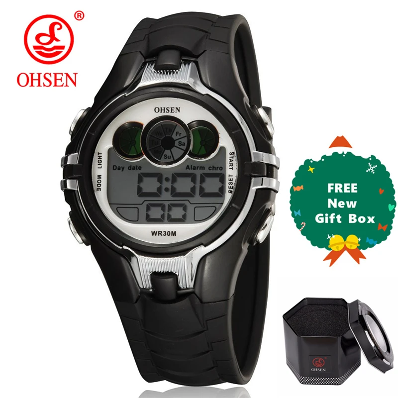 OHSEN Boys Kids Дети Кварцевые спортивные часы Будильник Дата хронографа Светодиодные задние фонари Водонепроницаемые наручные часы Студенческие часы - Цвет: black plus gift box