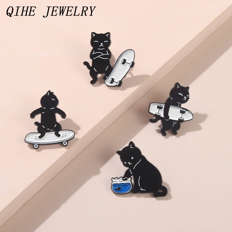Эмалированные булавки в виде черной кошки для скейтборда животные на заказ броши