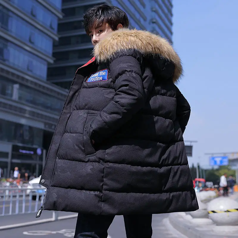 Парка мужская 2019 Новая зимняя куртка с капюшоном Длинная пальто однотонные