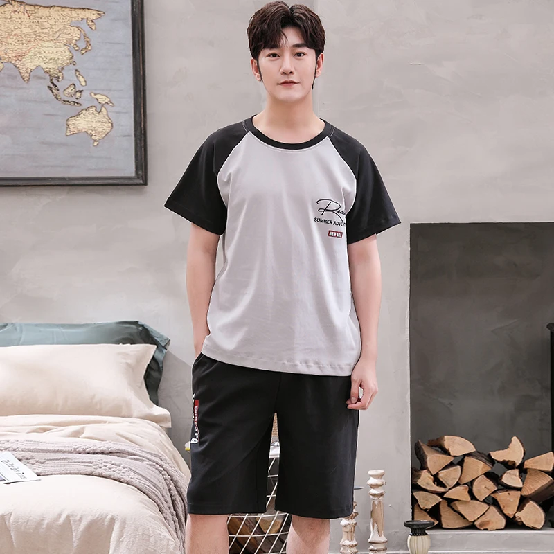

Homewear Short-sleeved Cute Letters Comfortable Summer Color Matching Loose Tide Soft Korean Sleepwear Casual Men's Pajamas Suit