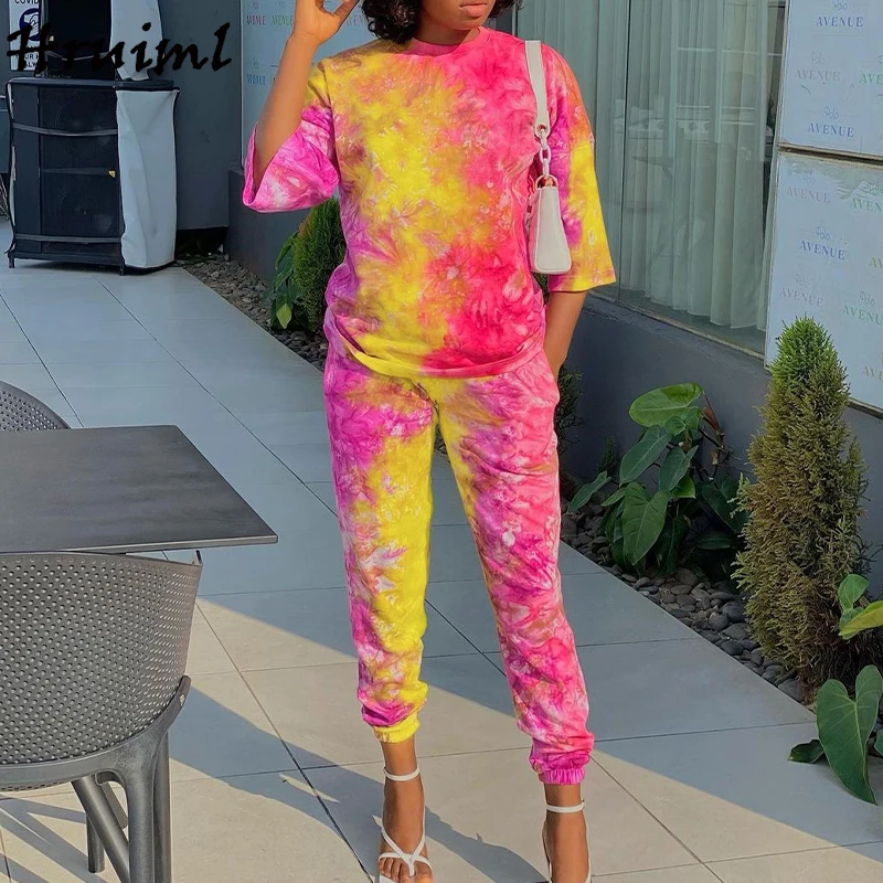 

Outfits for Women Fashion Home Style Casual Pocket Clothes for Women Elastic Waist Tie Dye Printed Bouquet Foot Pants Suit