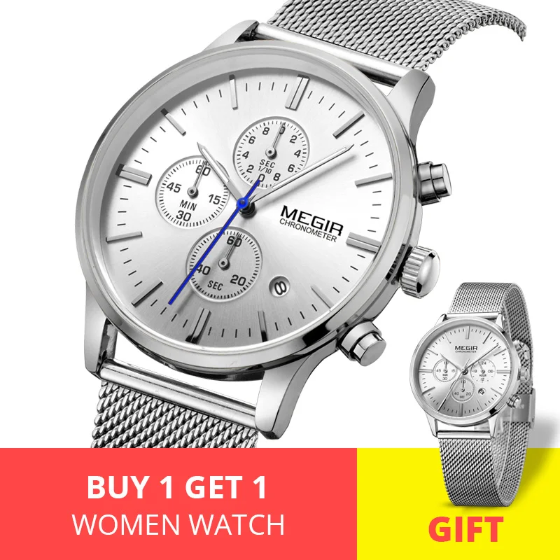 Reloj Hombre MEGIR Роскошные Брендовые Часы для мужчин золотой цвет хронограф кварцевые часы для влюбленных человек набор часов Montre Homme Relogio Saat - Цвет: Silver