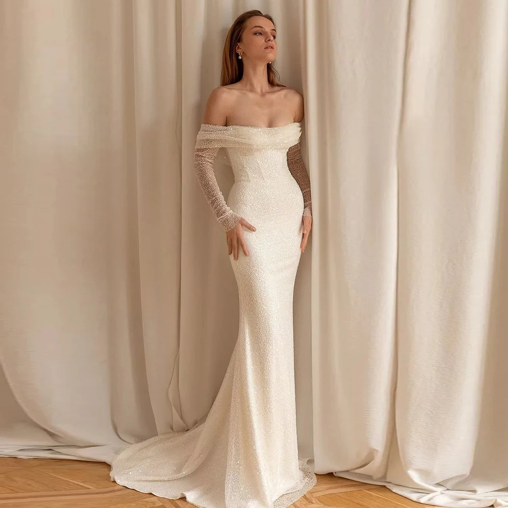

Charming Strapless Off-The-Shoulder Fulle Sleeve Wedding Dresses Mermaid Ivory Bridal Gowns 2022 with Jersey свадебное платье