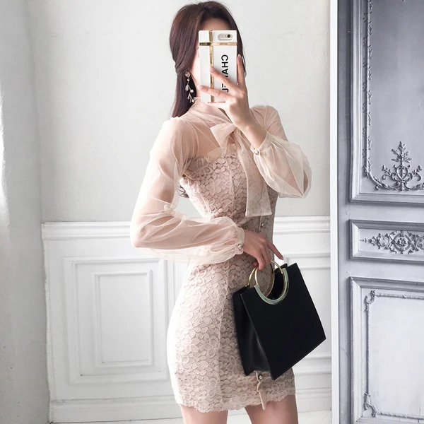 

Women Office Lace patchwork Dress Single-breasted Bow tie Crochet Casual long Sleeve Dress women Clothing