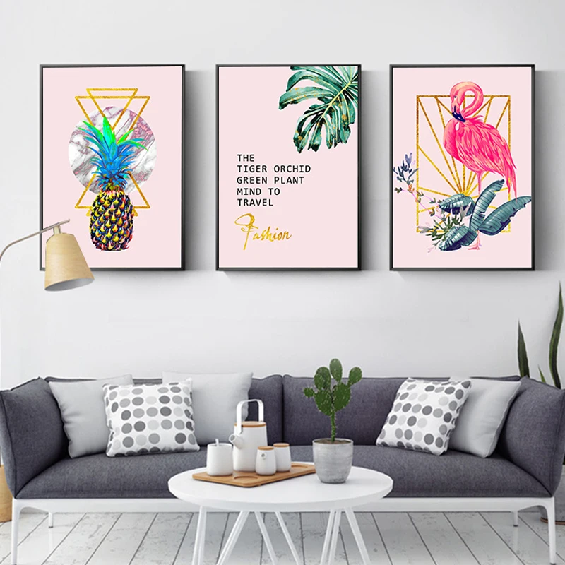 

Nordic Flamingo Flower Pineapple Leaf Wall Art Canvas Poster Pink Print Painting Scandinavian Decoration Picture Living Room