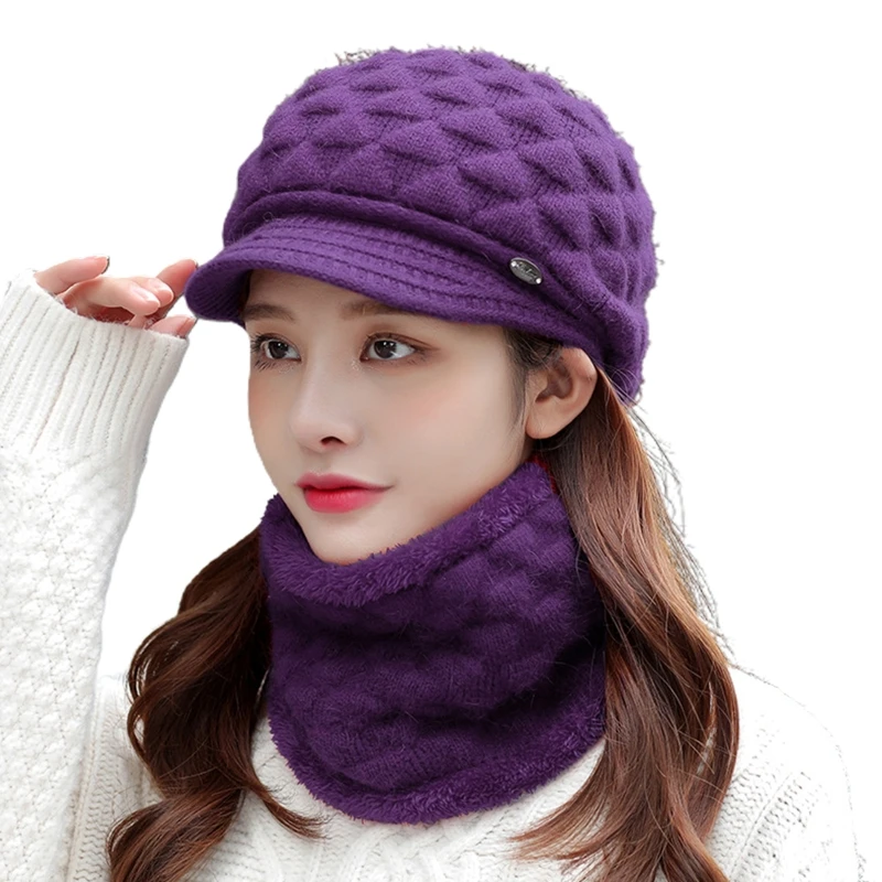 Женская зимняя шапка вязаная с козырьком круглый шарф плюшевой подкладкой A0NF 2