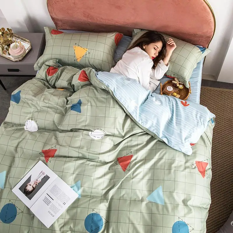 

High-Quality Washed cotton 4 Pieces Set 1 Duvet Cover 1 Flat Bed Sheet 2 Pillowcase Twin Full Queen King 4 Sizes