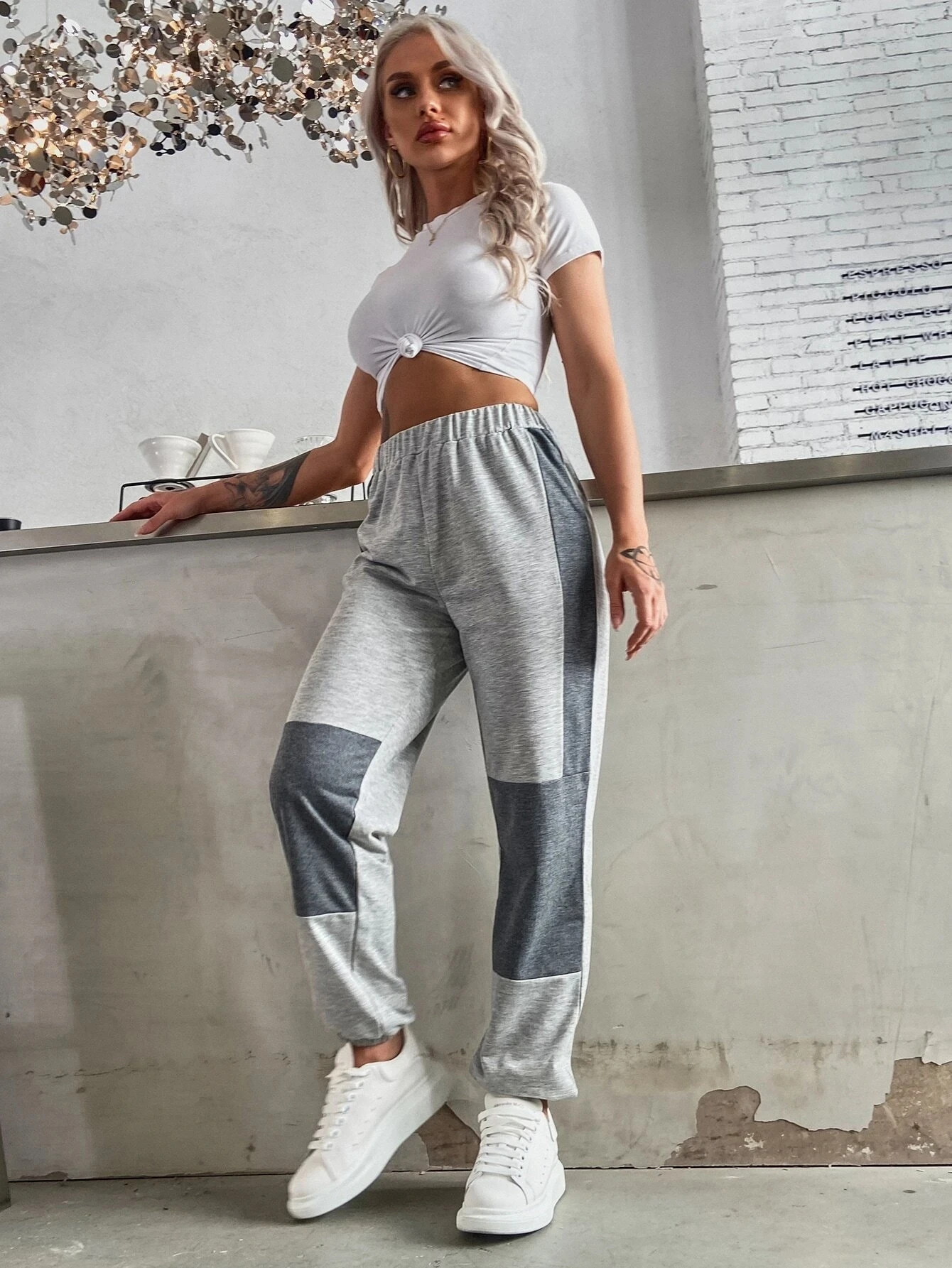 

Осенние модные Лоскутные узкие прямые повседневные женские пикантные брюки с высокой талией и карманами свободные длинные серые брюки