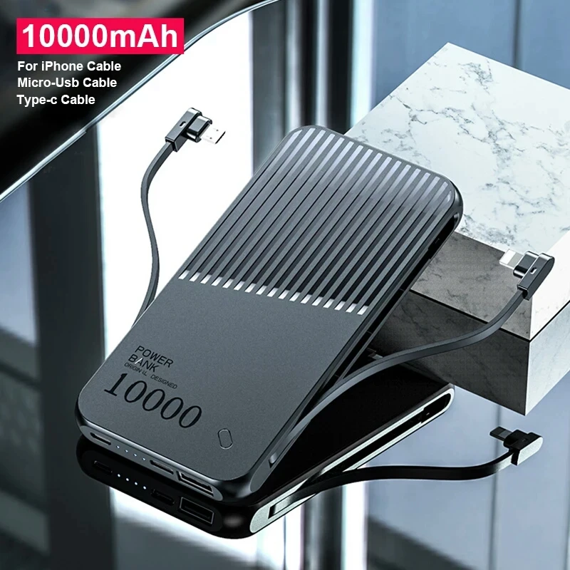Внешний аккумулятор 10000 мАч Встроенный кабель micro type c внешний для телефонов iPhone Huawei Xiaomi|Внешние