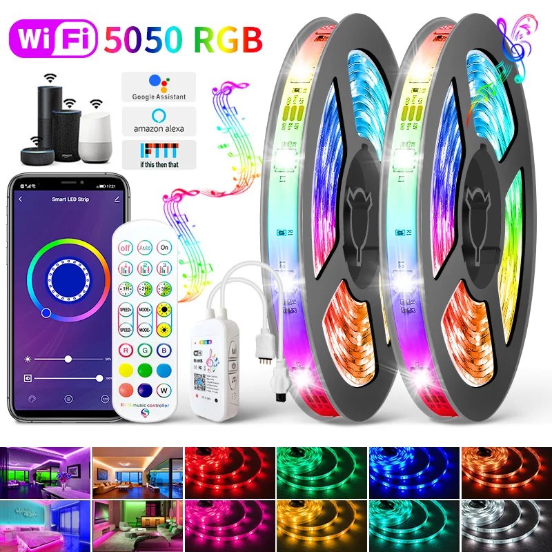 Светодиодная лента RGB 5050 WIFI Alexa music Bluetooth luces LED SMD 2835 Гибкая Водонепроницаемая лампа