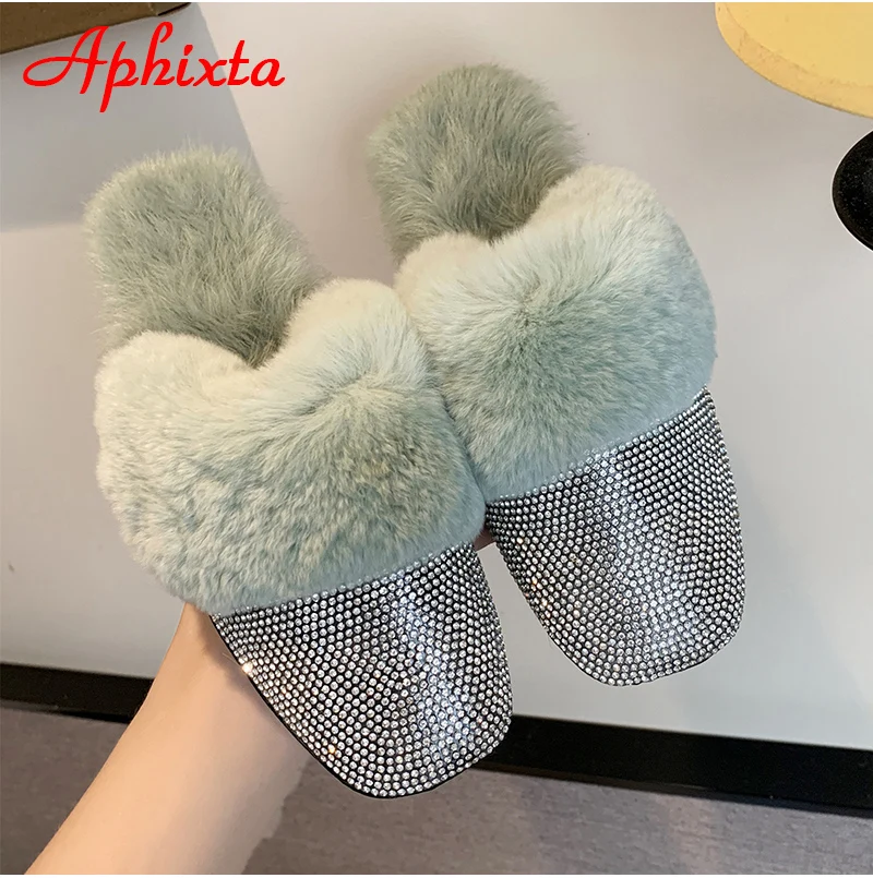 Aphixta/теплые зимние тапочки на натуральном меху; женские шлепанцы с украшением в виде кристаллов; женские пушистые тапочки; женская обувь на плоской подошве с кроличьим мехом