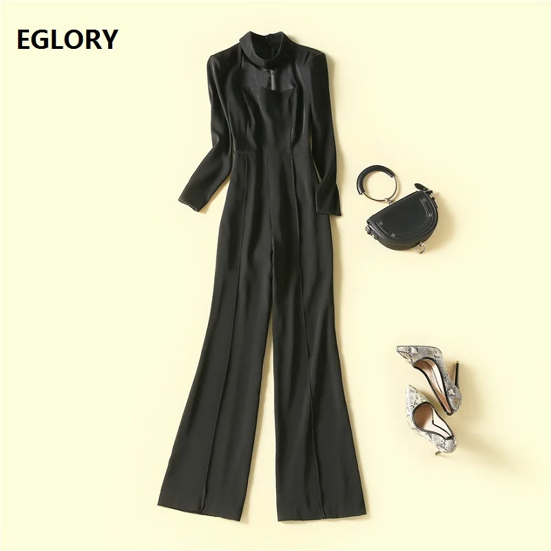 High Quality New Jumpsuits 2021 Spring Celebrity Party Women Stand Neck Hollow Out Sexy Long Sleeve Casual Long Jumpsuit Black