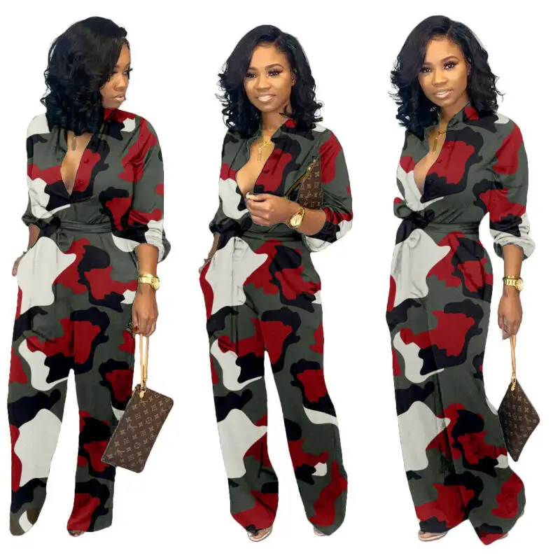 

Fashion Women Sexy V-Neck Long Sleeve Camo Jumpsuit Long Rompers Clubwear Collect Waist Bodysuits Party Night Casual